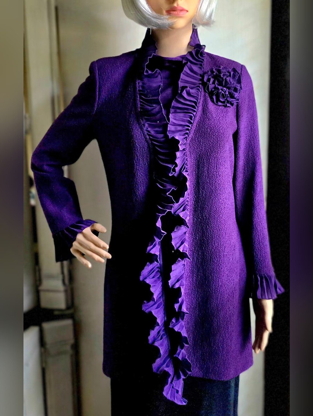 St. John Purple Ruffle Knit Jacket Size 2 + Coordinating Wool Blend Top